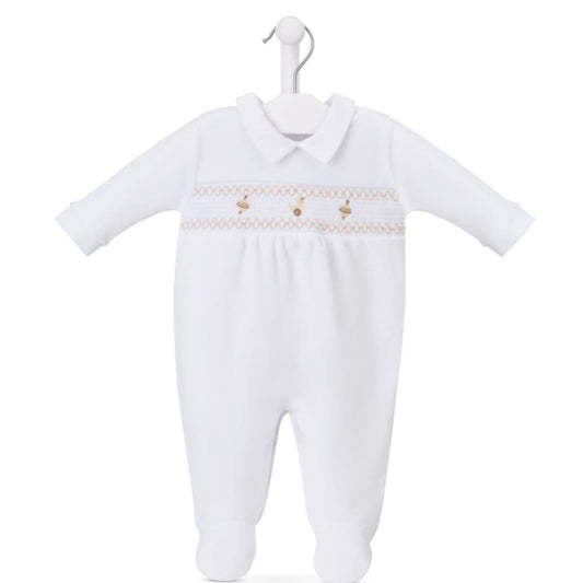 White and taupe velour baby onesie with smocked spinning top embroidery – Dandelion