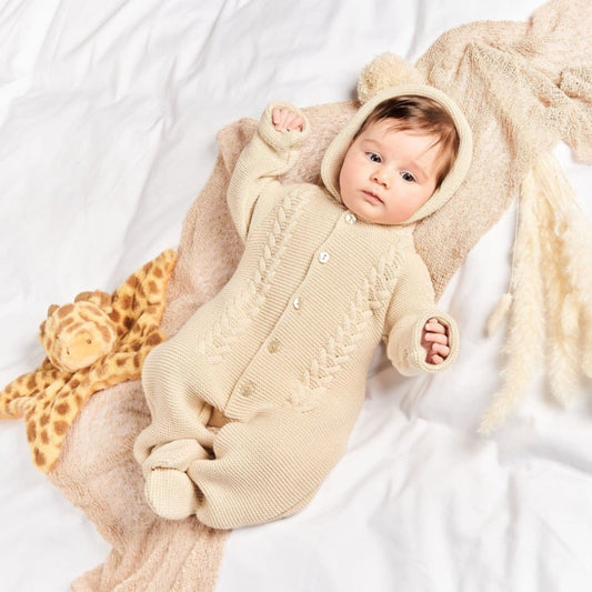 Taupe knitted baby pramsuit with bobble hood – Dandelion all-in-one winter suit
