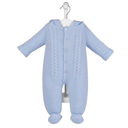 Sky blue knitted baby pramsuit with bobble hood by Dandelion – front view on hanger