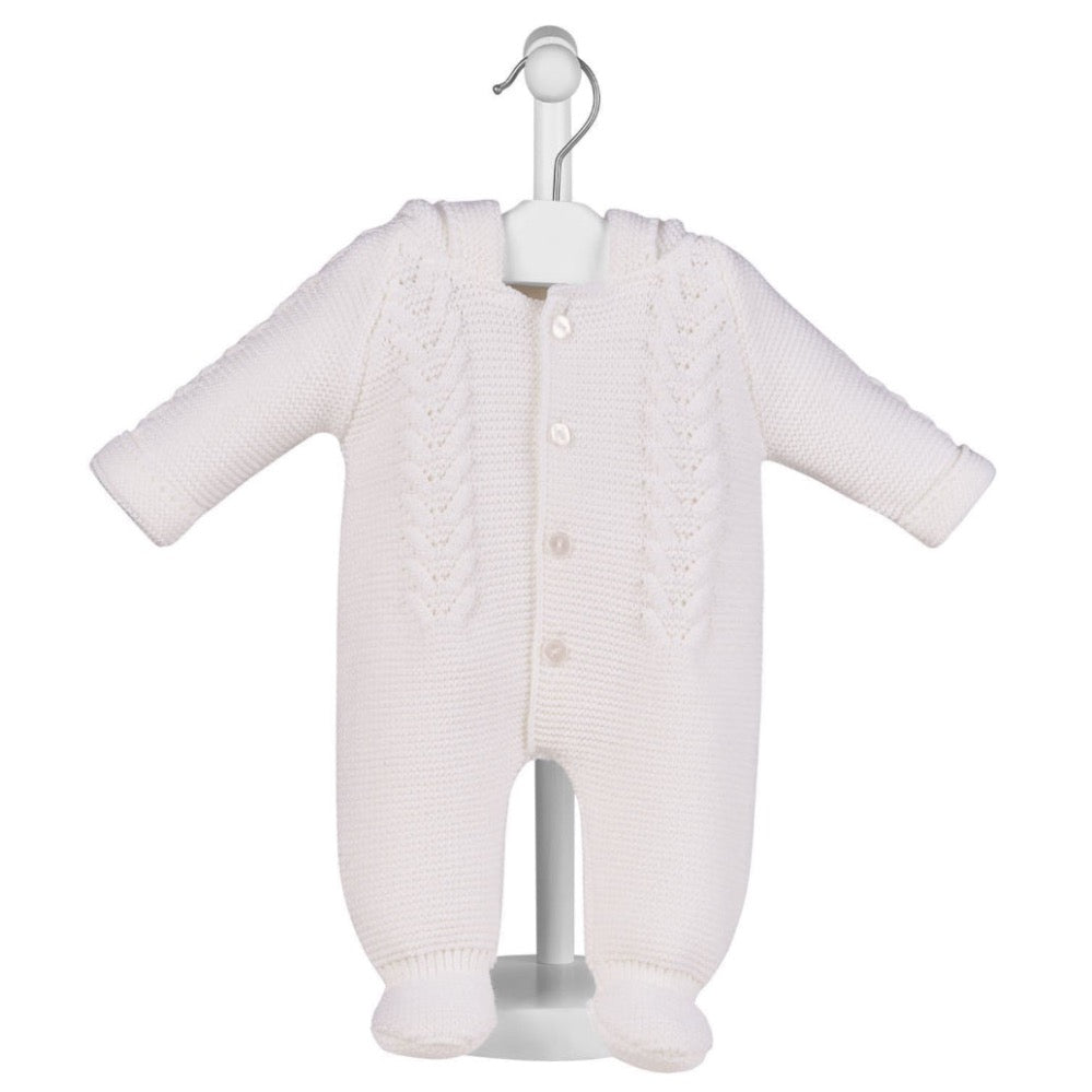 White knitted baby pramsuit with bobble hood by Dandelion – front view on hanger