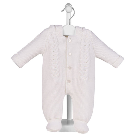 White knitted baby pramsuit with bobble hood by Dandelion – front view on hanger