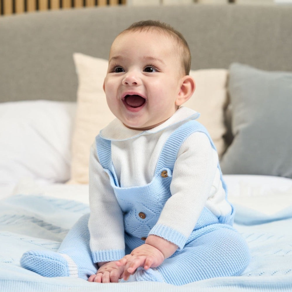 Sky Blue baby knitted dungaree and Peter Pan collar top set by Dandelion