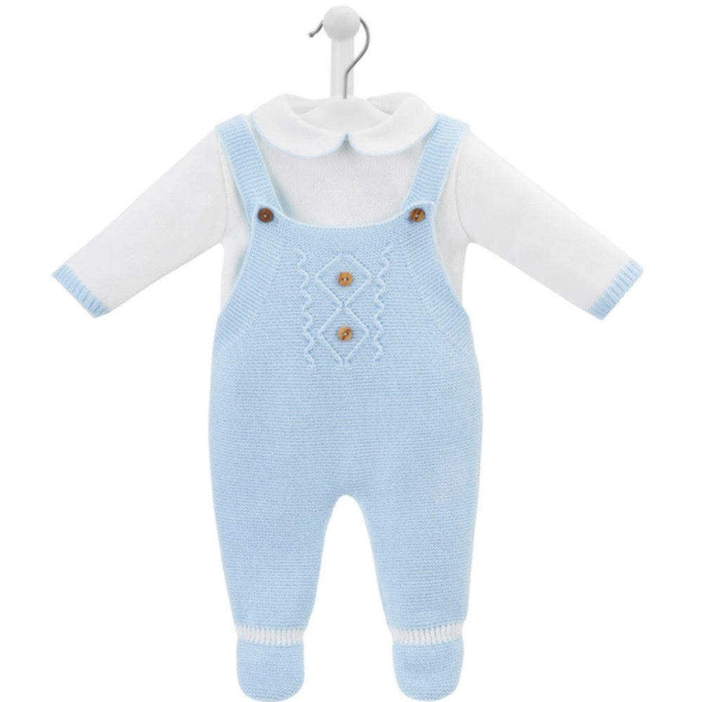 Sky Blue baby knitted dungaree and Peter Pan collar top set by Dandelion