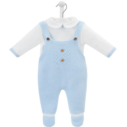 Sky Blue baby knitted dungaree and Peter Pan collar top set by Dandelion