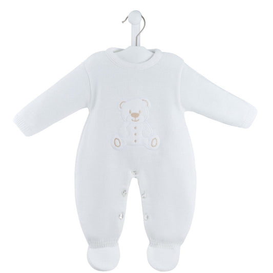 Teddy Bear knitted baby onesie in white with front appliqué – cosy newborn all-in-one