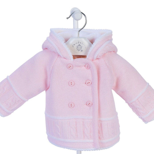 Pink knitted baby jacket with white lined hood and button front – newborn to 12 months