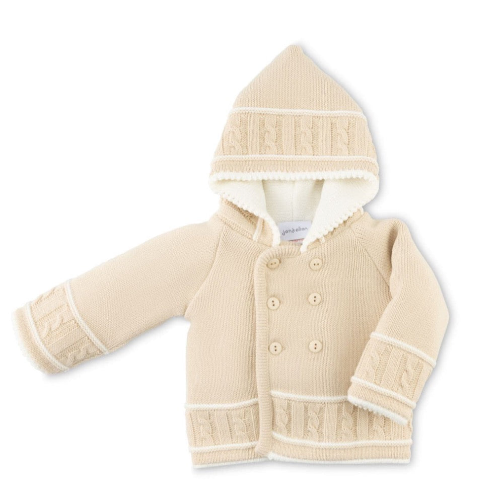 Taupe knitted baby jacket with white-lined hood and button front – cosy newborn outerwear