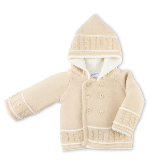 Taupe knitted baby jacket with white-lined hood and button front – cosy newborn outerwear