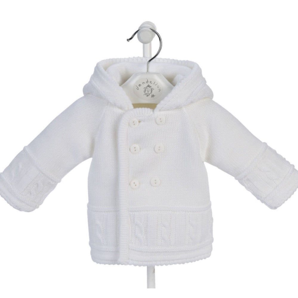 White knitted baby jacket with hood and button fastening – cosy newborn to 12 months outerwear
