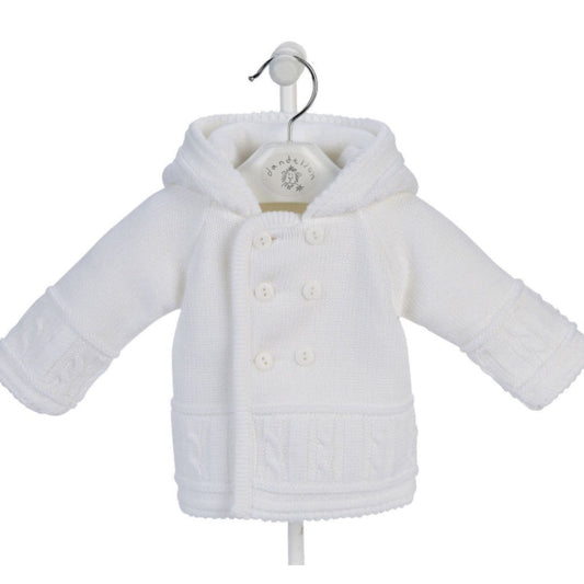 White knitted baby jacket with hood and button fastening – cosy newborn to 12 months outerwear