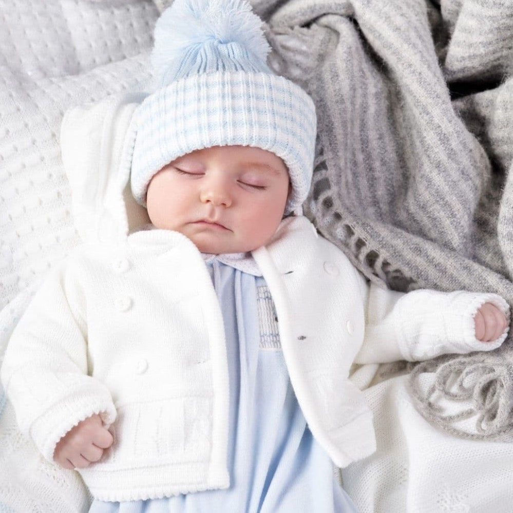 White knitted baby jacket with hood and button fastening – cosy newborn to 12 months outerwear