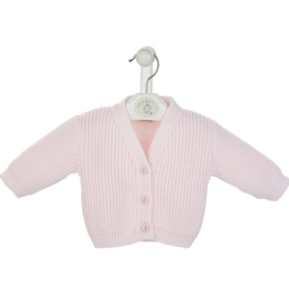 Pink ribbed knitted baby cardigan with v-neck and three-button fastening – suitable from premature to 3–6 months