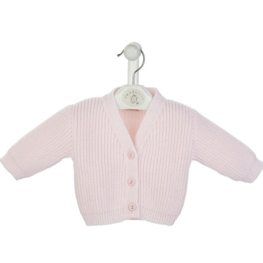 Pink ribbed knitted baby cardigan with v-neck and three-button fastening – suitable from premature to 3–6 months