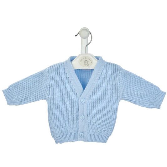 Sky blue ribbed knitted baby cardigan with v-neck and three-button fastening – suitable from premature to 3–6 months