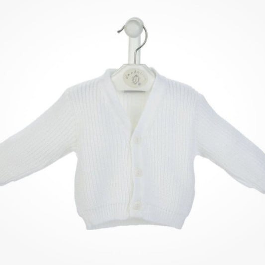 White ribbed knitted baby cardigan with v-neck and three-button front – suitable from premature to 3–6 months