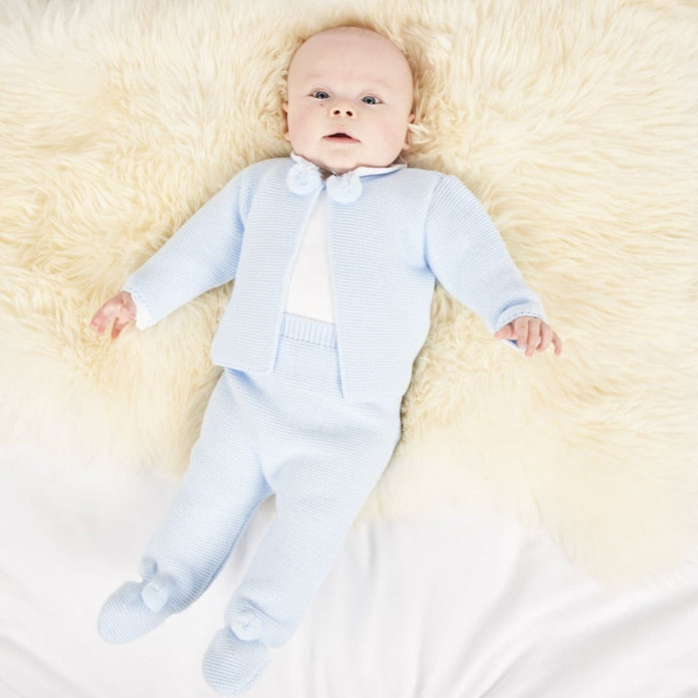 Sky Blue Dandelion baby knitted jacket and leggings set with pom poms – newborn to 6 months