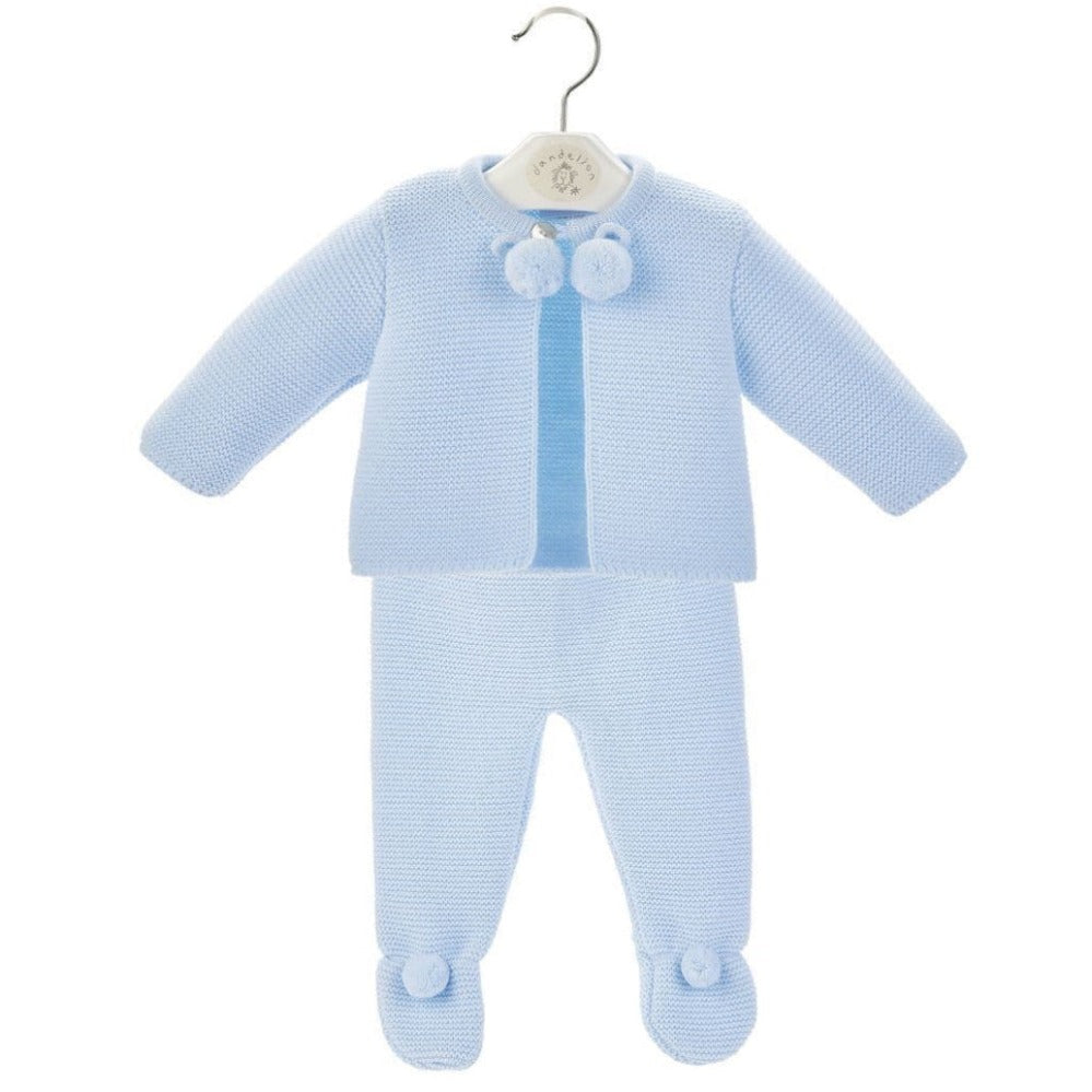 Sky Blue Dandelion baby knitted jacket and leggings set with pom poms – newborn to 6 months