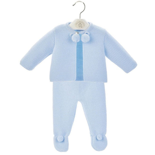 Sky Blue Dandelion baby knitted jacket and leggings set with pom poms – newborn to 6 months