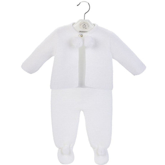 Dandelion baby knitted outfit with pom pom details – jacket and leggings in white