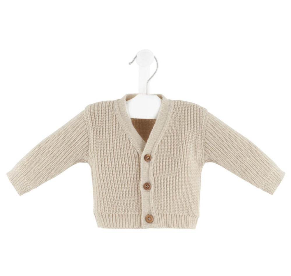 Dandelion taupe ribbed knitted baby cardigan with wooden buttons on hanger