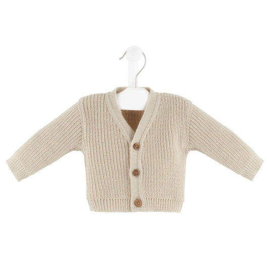 Dandelion taupe ribbed knitted baby cardigan with wooden buttons on hanger