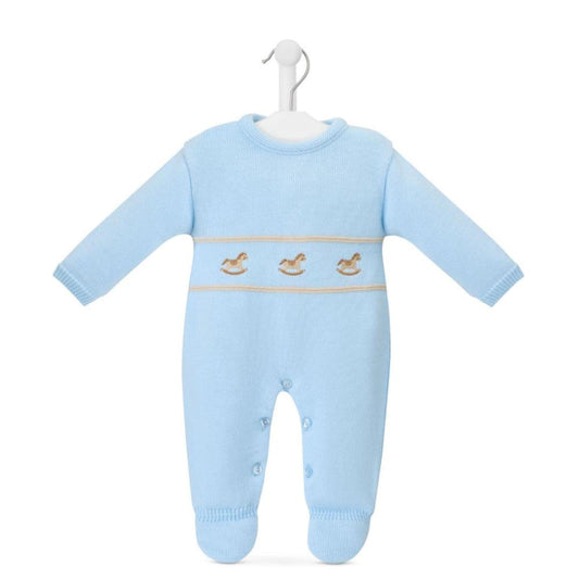Dandelion knitted baby onesie with rocking horse motif – newborn to 6 months