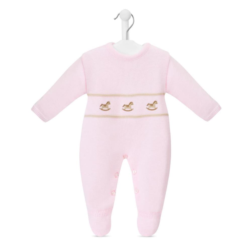 Dandelion knitted baby onesie with rocking horse motif – newborn to 6 months