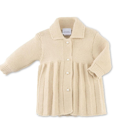 Dandelion girls’ knitted baby coat in taupe with pearl buttons – available in sizes 0–3 months to 2–3 years