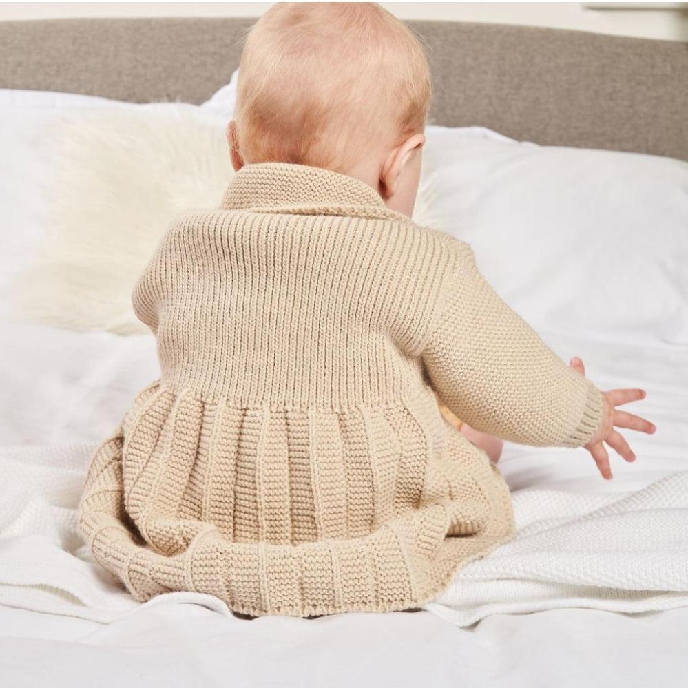 Dandelion girls’ knitted baby coat in taupe with pearl buttons – available in sizes 0–3 months to 2–3 years