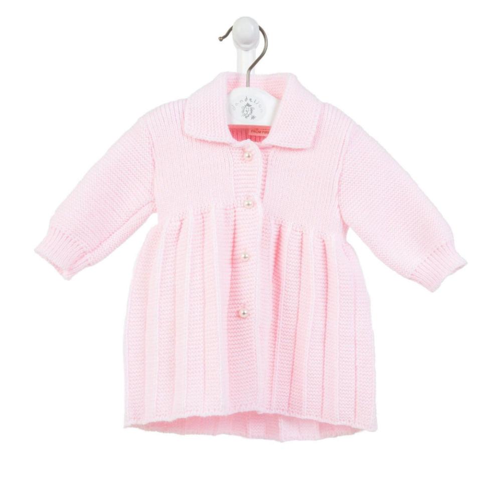 Dandelion girls’ knitted baby coat in taupe with pearl buttons – available in sizes 0–3 months to 2–3 years