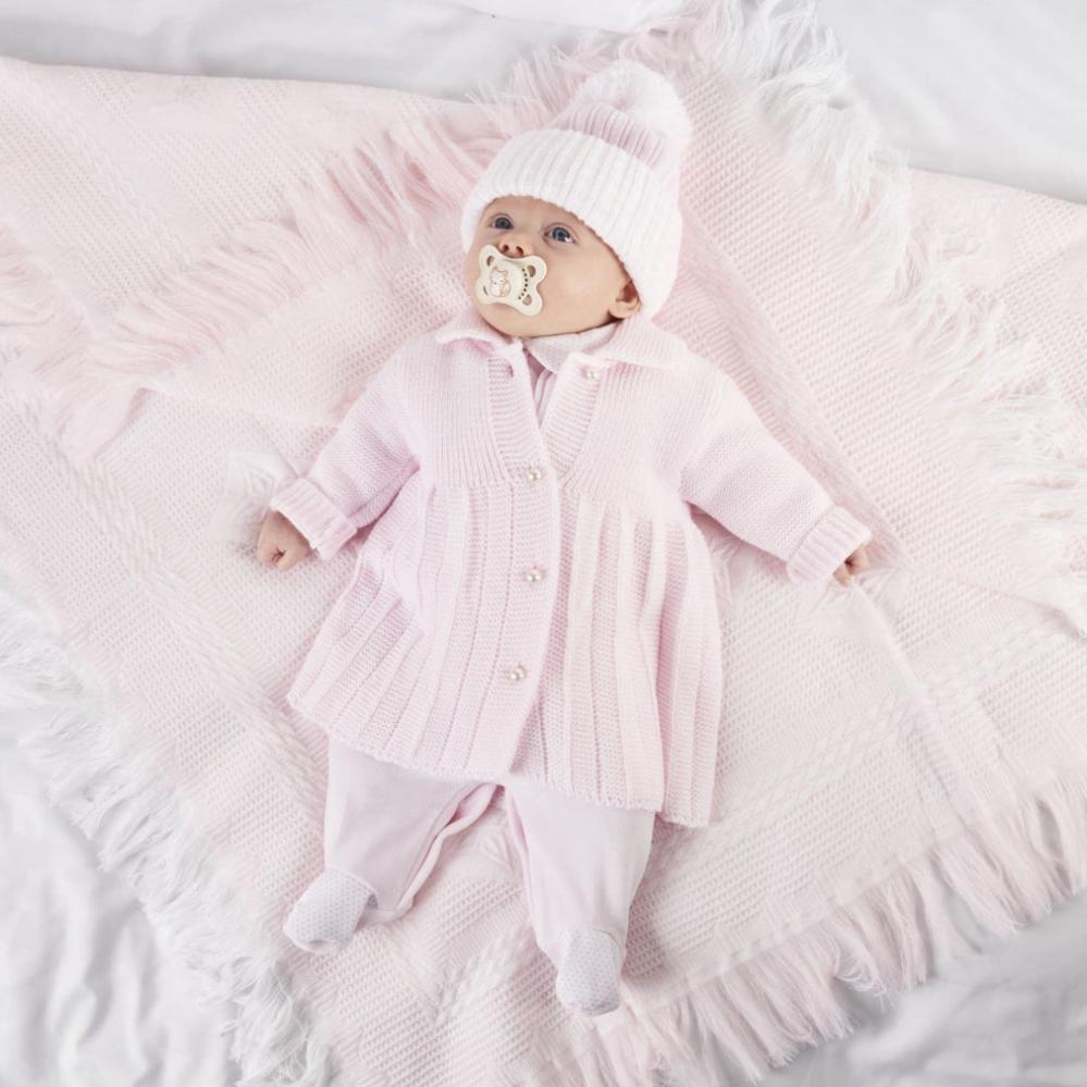Dandelion girls’ knitted baby coat in taupe with pearl buttons – available in sizes 0–3 months to 2–3 years