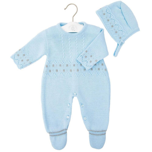 Dandelion baby boy knitted sky blue onesie and matching hat with zig-zag pattern – newborn to 6 months
