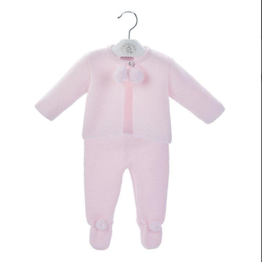 Dandelion pink knitted baby set with pompom jacket and matching leggings – perfect for newborns to 6 months