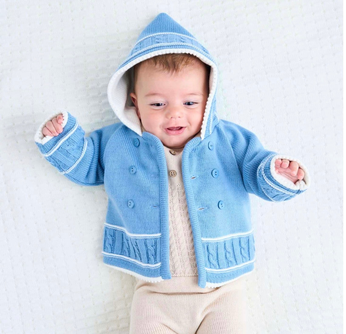 Dusky Blue Knitted Baby Jacket (Newborn – 12 Months) | Dandelion | Hooded & Lined | Cosy Baby Outerwear (Copy)