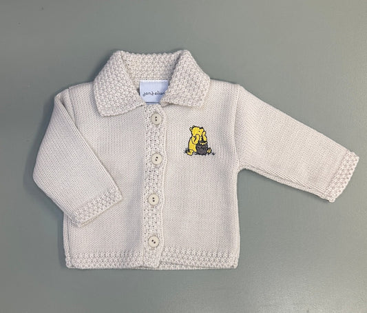 Taupe Dandelion baby cardigan with embroidered bear and button front – newborn to 12 months