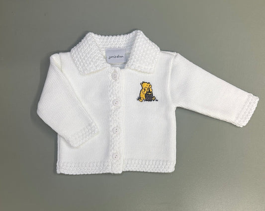 White Dandelion baby cardigan with embroidered bear and button front – newborn to 12 months