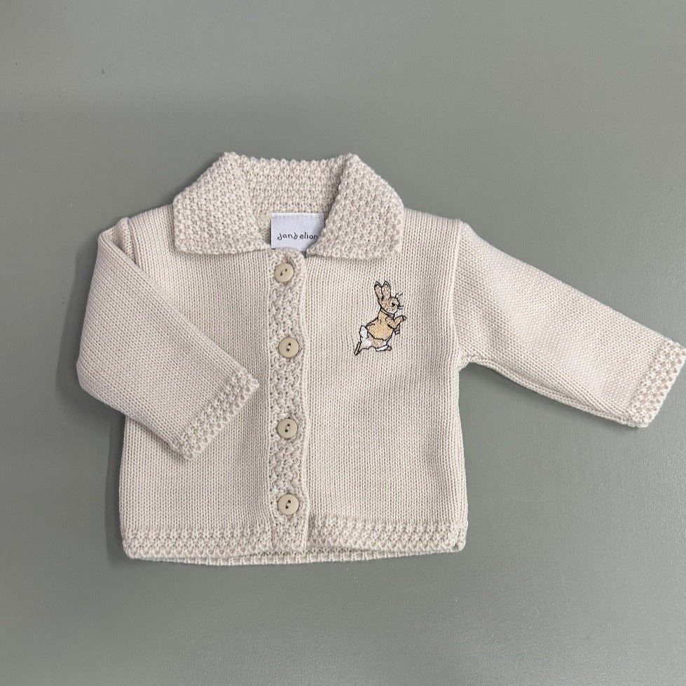 Taupe knitted Dandelion baby cardigan with running rabbit embroidery – newborn to 12 months