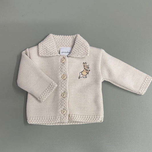 Taupe knitted Dandelion baby cardigan with running rabbit embroidery – newborn to 12 months