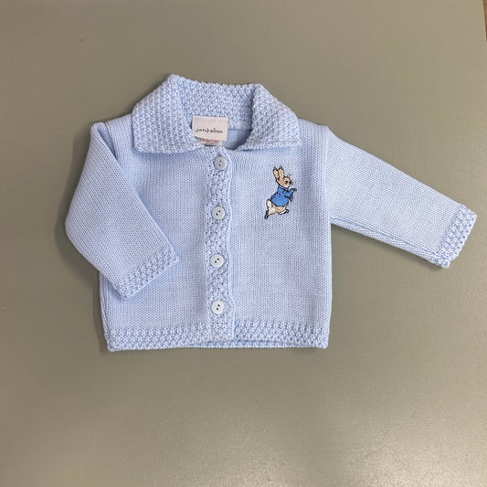 Dandelion blue knitted baby cardigan with embroidered rabbit and button fastening