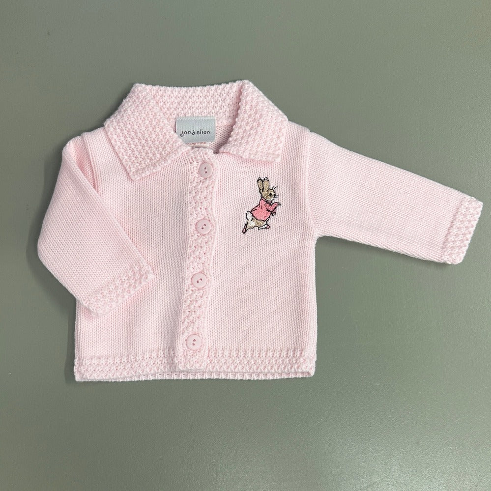 Dandelion pink knitted baby cardigan with embroidered rabbit and front button fastening