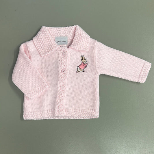 Dandelion pink knitted baby cardigan with embroidered rabbit and front button fastening