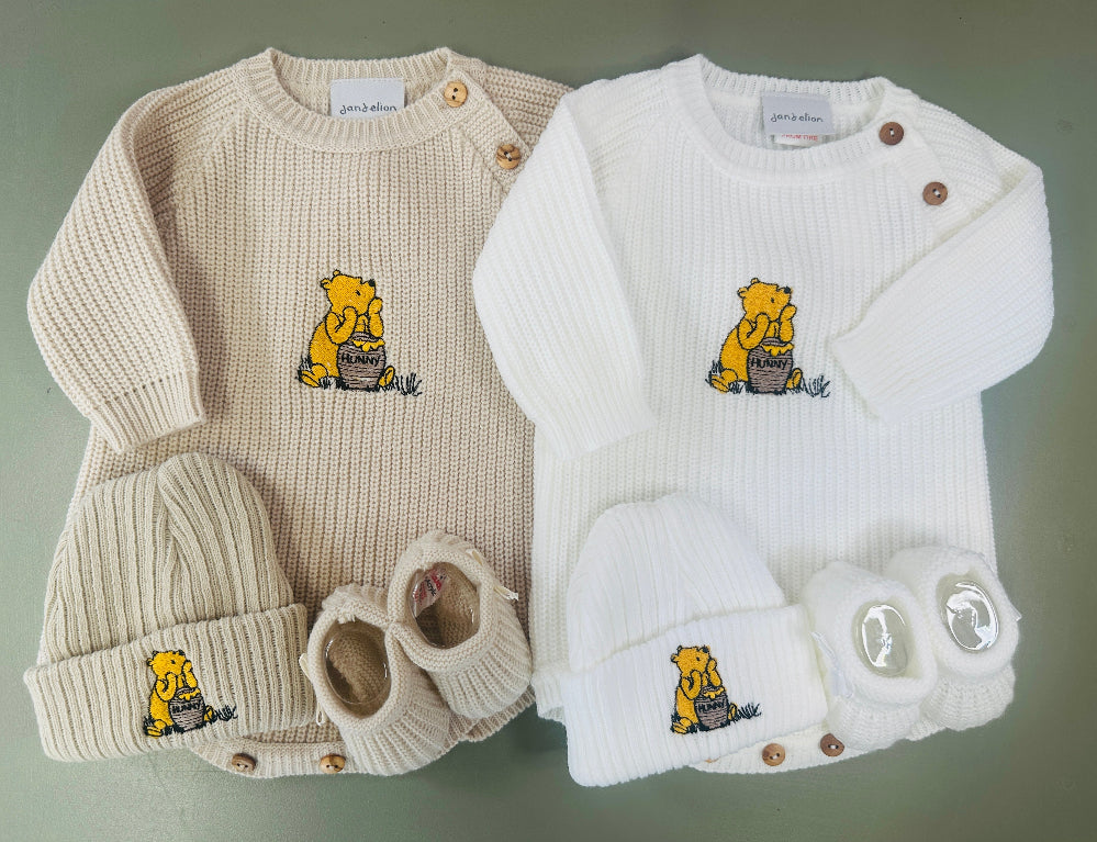 Taupe and white ribbed knit baby romper with hat and embroidered bear motif – Newborn to 0–3 Months
