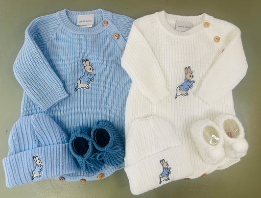 ribbed knit baby romper with matching hat and rabbit embroidery