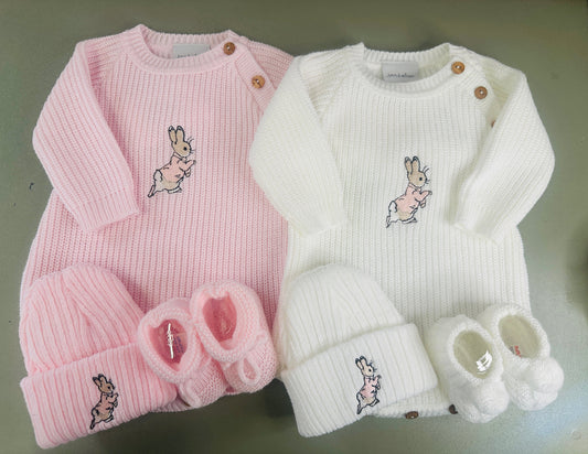 Pink and white ribbed knit baby romper with matching hat and embroidered running rabbit – newborn baby outfit