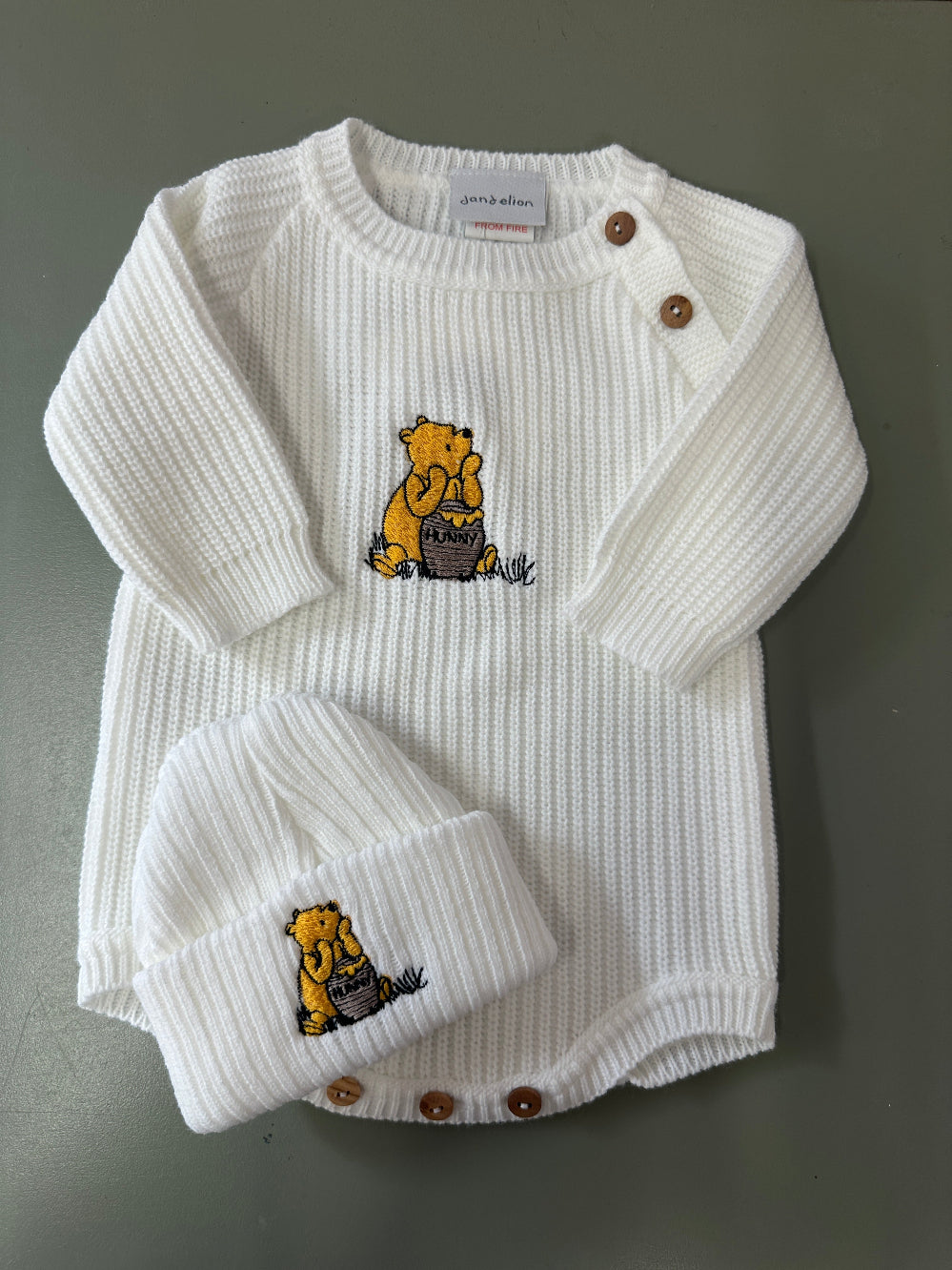 Taupe and white ribbed knit baby romper with hat and embroidered bear motif – Newborn to 0–3 Months