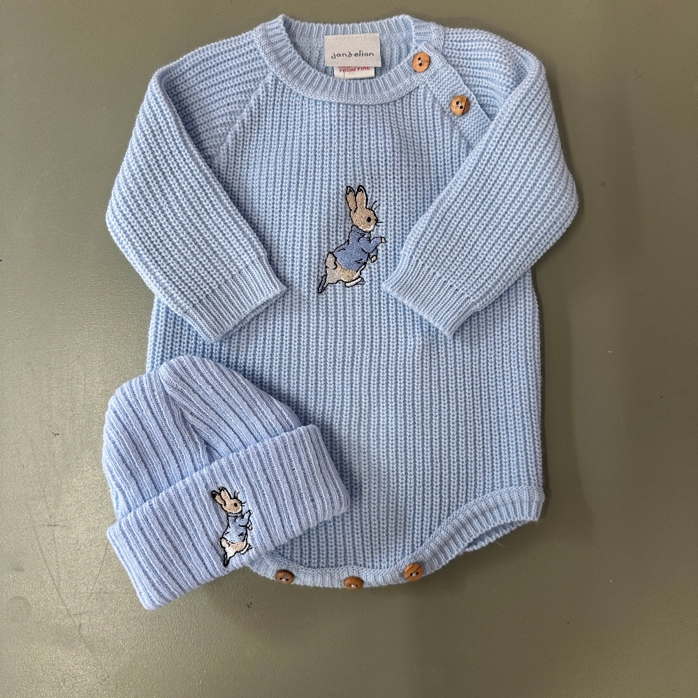 Running Rabbit Ribbed Knit Baby Romper with Hat – Blue or White | Newborn to 0–3 Months
