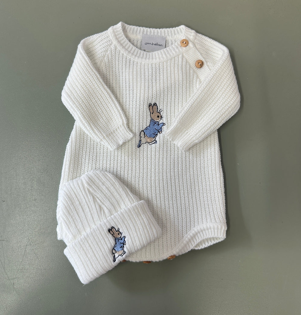 Running Rabbit Ribbed Knit Baby Romper with Hat – Blue or White | Newborn to 0–3 Months