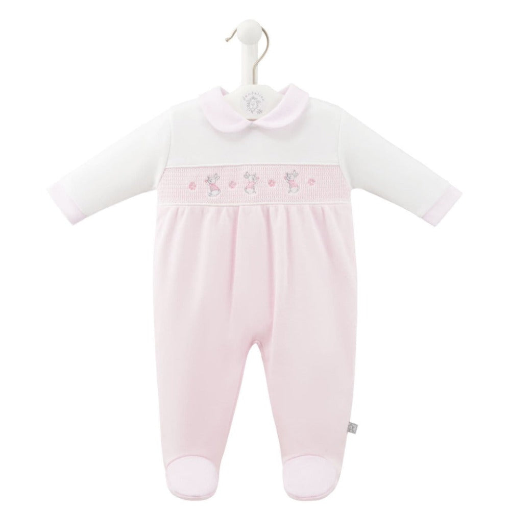 Pink smocked baby onesie with bunny and star detail and Peter Pan collar – Dandelion