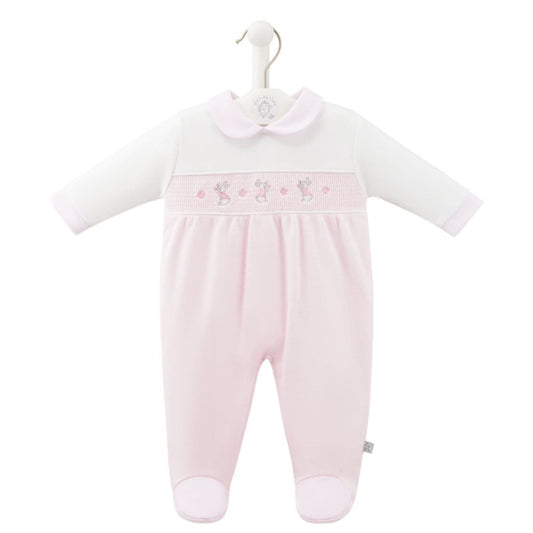 Pink smocked baby onesie with bunny and star detail and Peter Pan collar – Dandelion