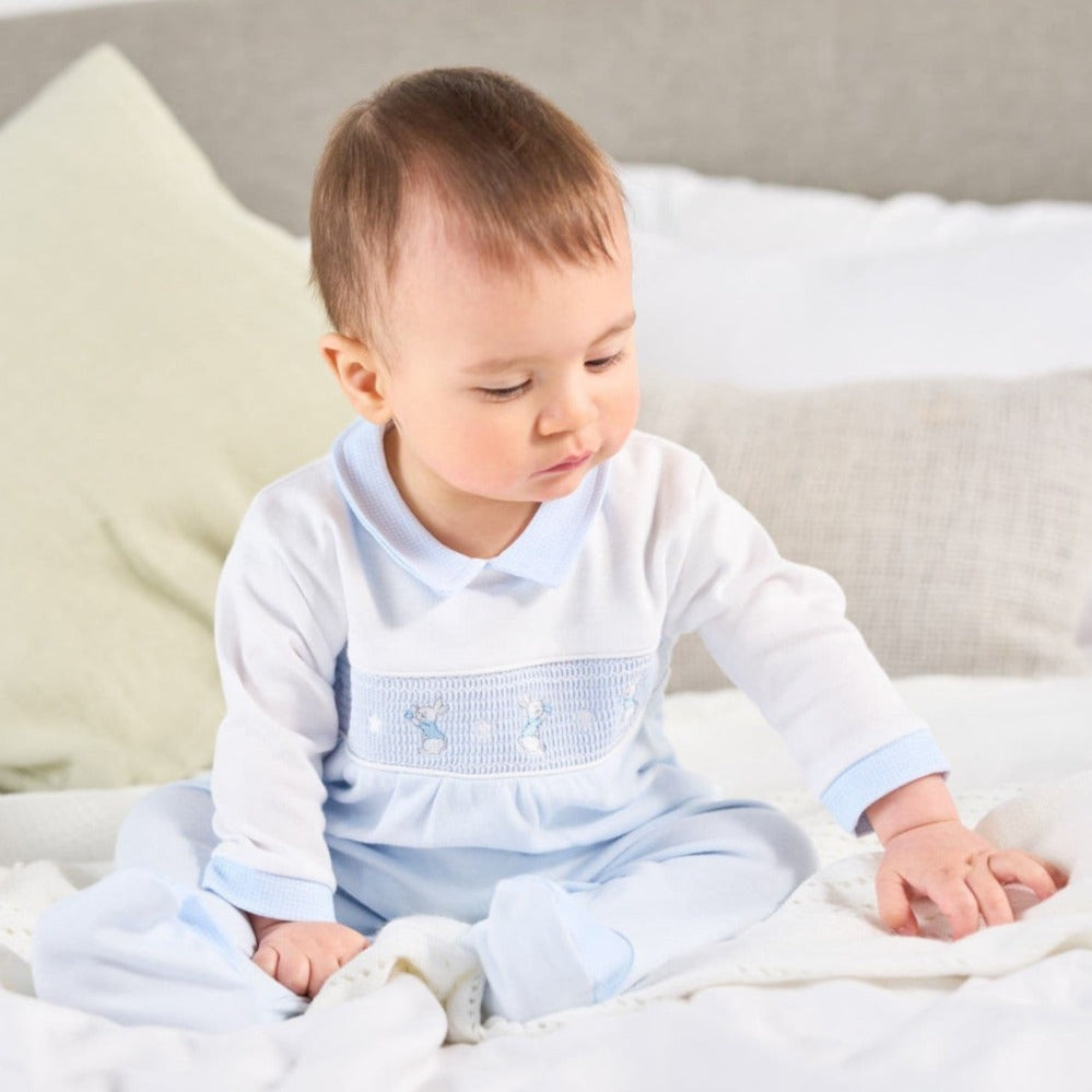 Blue smocked baby onesie with bunny embroidery and Peter Pan collar – Dandelion